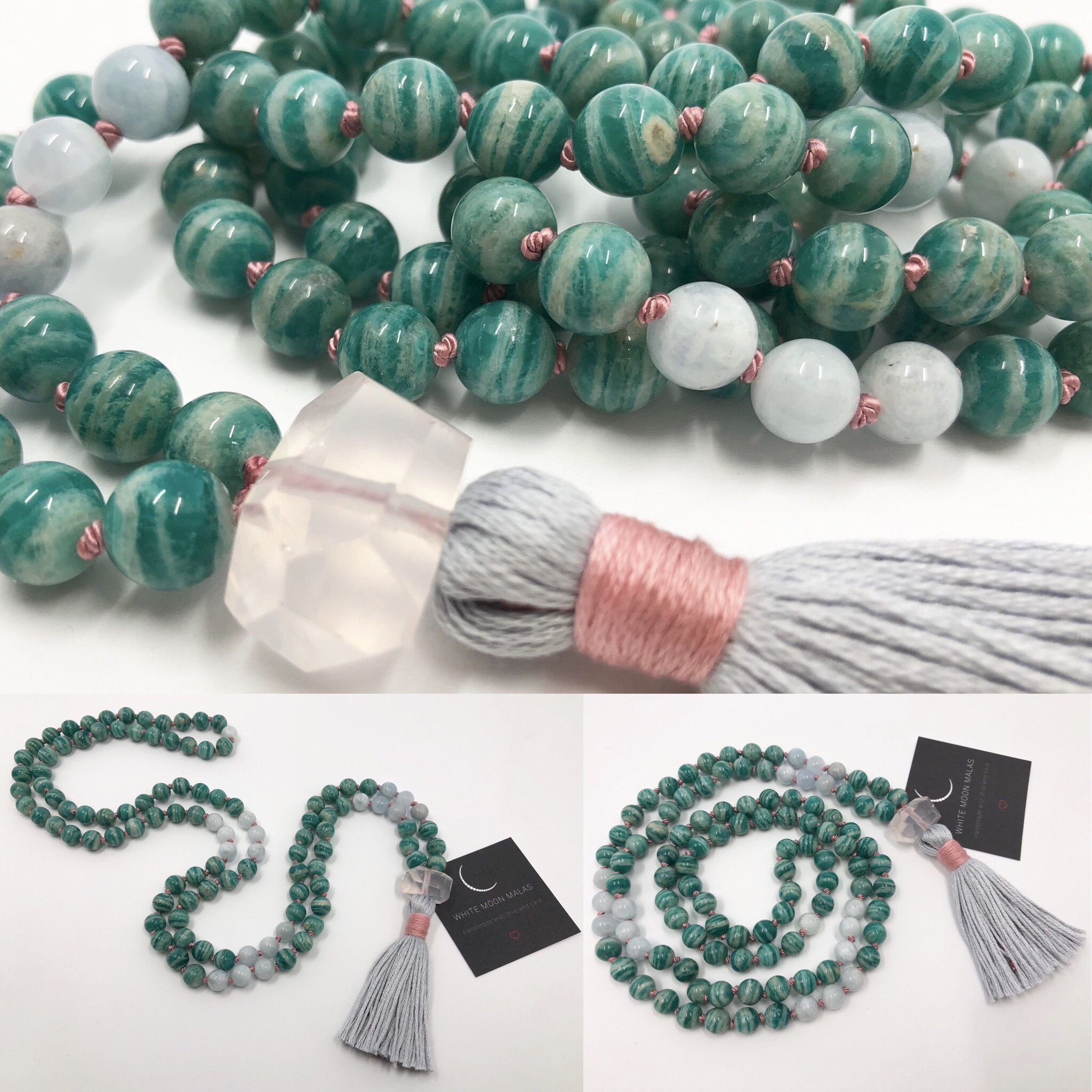 Mala Necklace Made Of Russian Amazonite Aquamarine And Rose