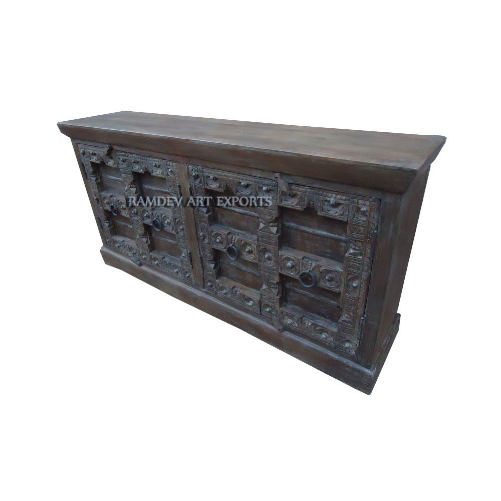 Indian Antique Four Door Sideboard Rustic Look Indian Antique Four Door Sideboard Rustic Look