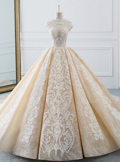 Luxuriöses Champagner Ballkleid Tüll Spitze Applikationen Rückenfreies High Neck Brautkleid Luxuriöses Champagner Ballkleid Tüll Spitze Applikationen Rückenfreies High Neck Brautkleid