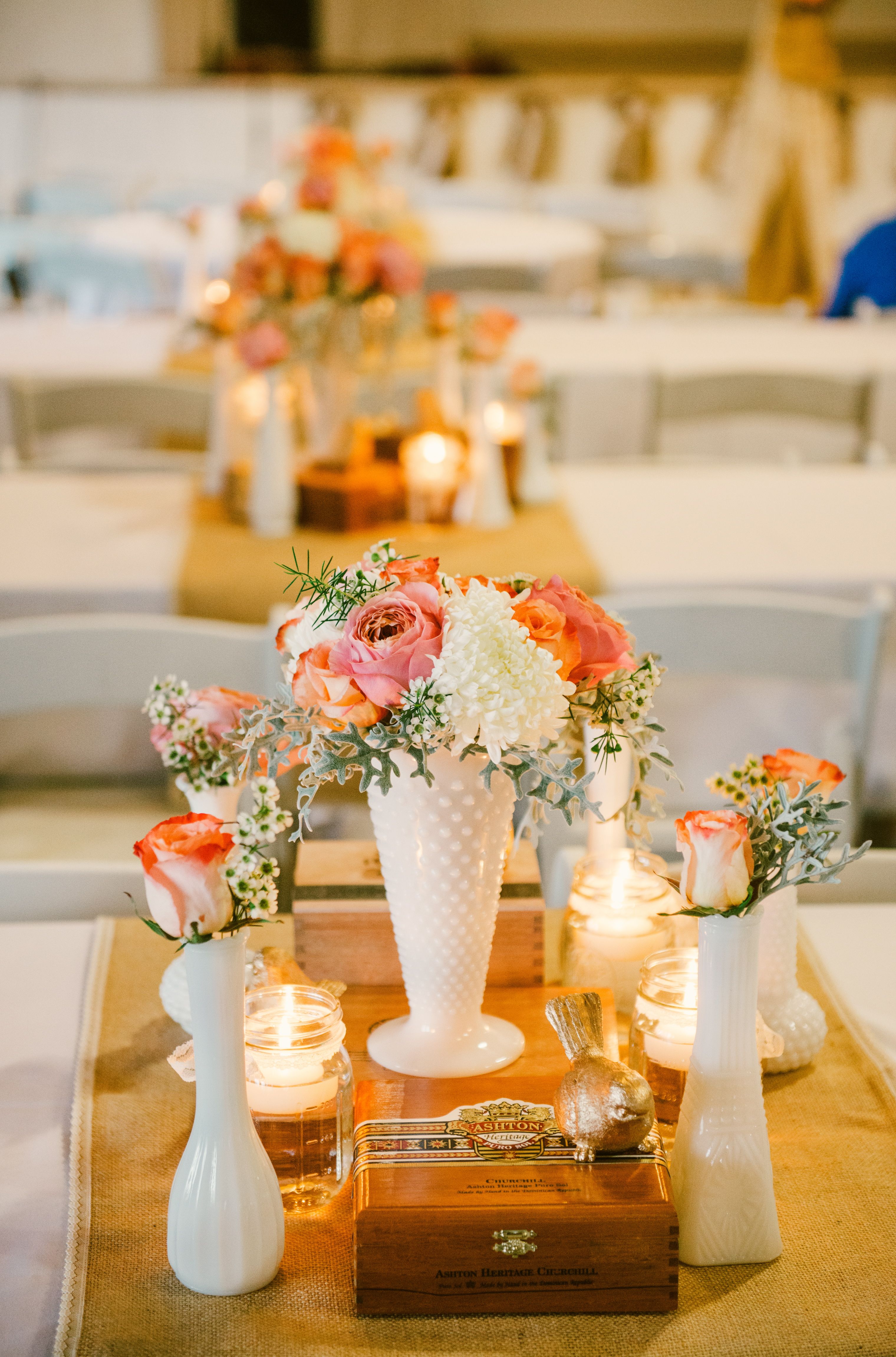 Centerpieces Collection Of Milk Glass Floating Candles In Mason