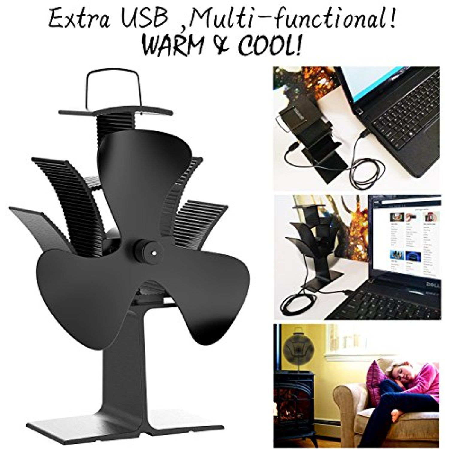 Stove Fan Griintekk 3-Blade Heat Powered Fireplace Fan for Fireplace Wood Log Coal Fire Burner