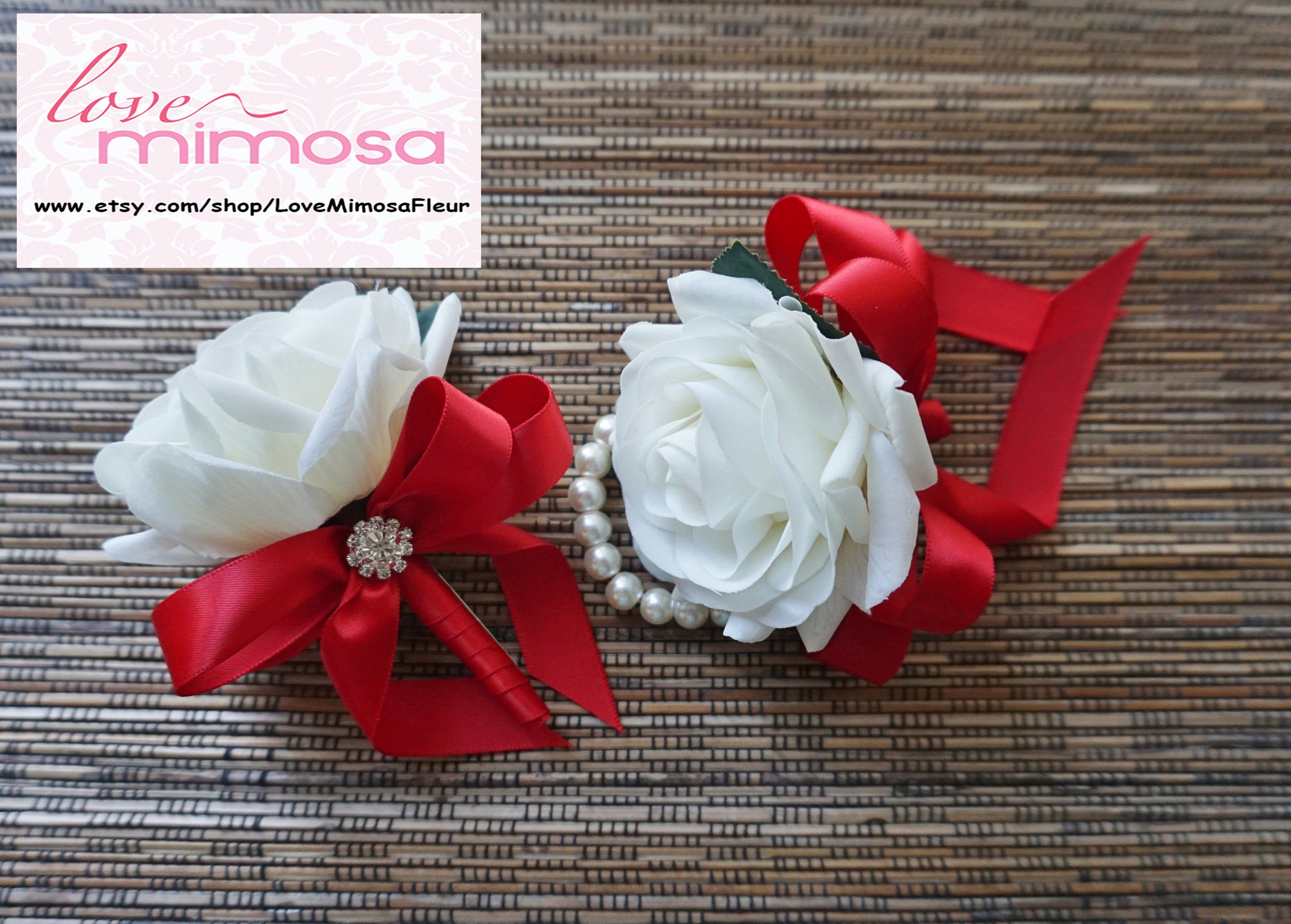 Wrist Corsage Christmas Corsage Red Rose with White ribbon on pearl bracelet