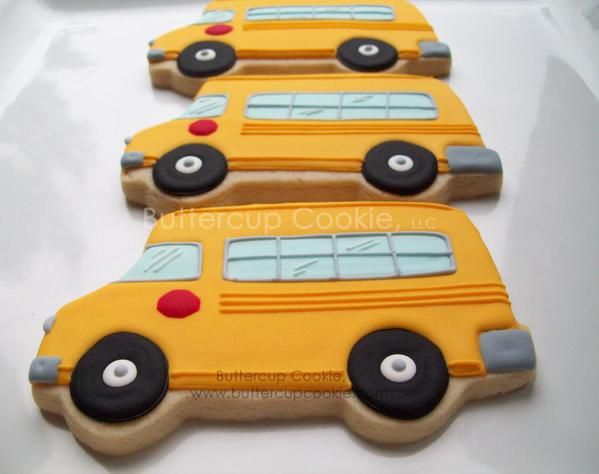 School Bus - Buttercup Cookie Cut Out Cookies, Fun Cookies, How To Make Cookies, Cake Cookies, Royal Icing Cookies, Sugar Cookies Decorated, Cookie Art, Cookie Ideas, Flooding Cookies