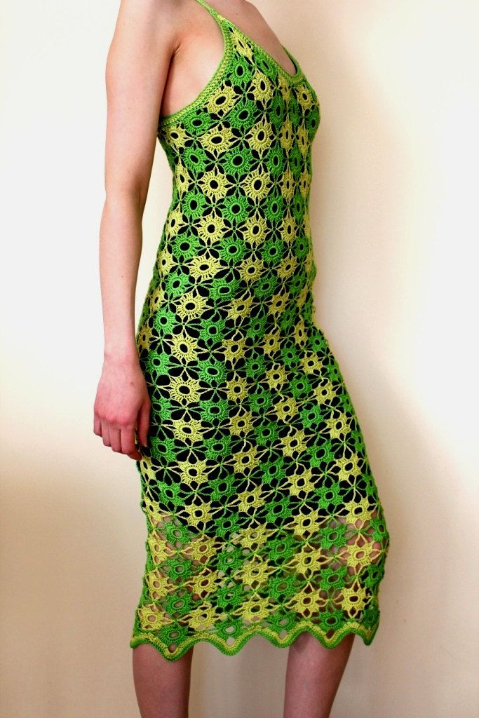 Crochet dress. Green Yellow dress. Women dress in green. Summer dress ...