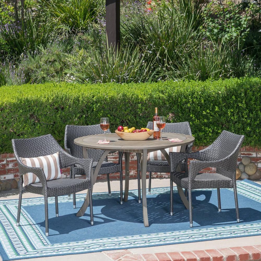 Noble House Laurent Gray 5 Piece Wood And Wicker Outdoor Dining Set 42651 The Home Depot In 2020 Outdoor Dining Set Wicker Dining Set Patio Furniture Sets