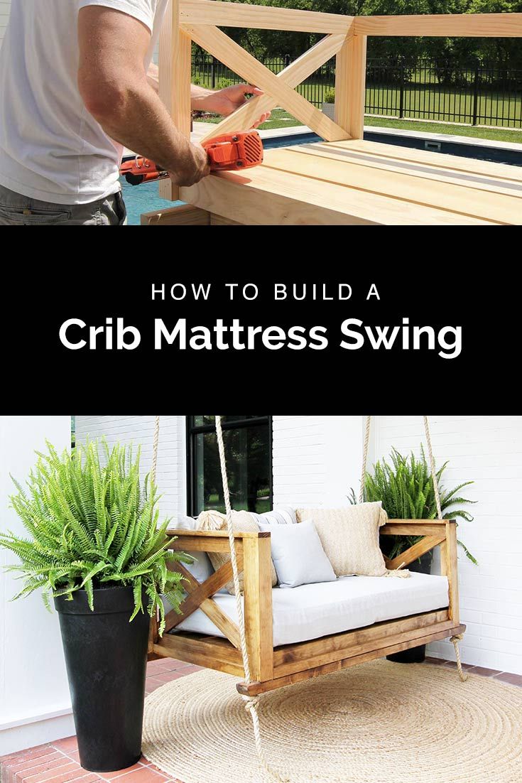 Learn how to build a DIY porch swing made for a crib mattress. Easy to follow instructions and plans. #porchswing #swingbed #swing #diyswing Diy Porch Swing Bed, Diy Swing, Porch Swings, Bed Swing Plans, Swing Beds, Hanging Porch Swing, Pallet Swing, Hanging Beds, Hanging Chairs