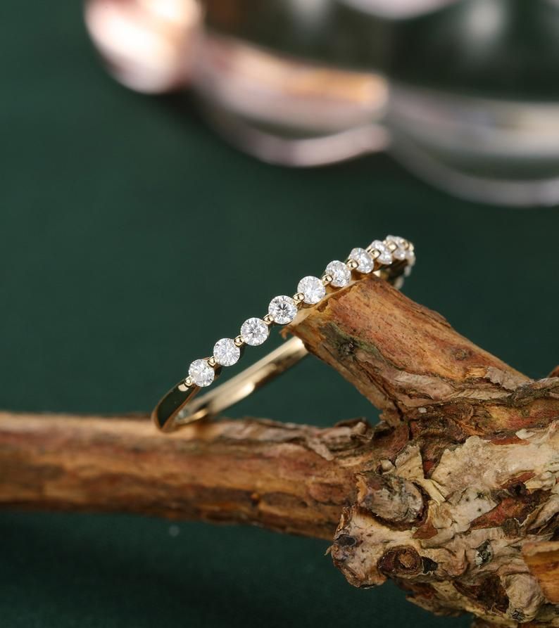 Moissanite wedding band 14K yellow gold half eternity beaded stacking dainty matching women promise anniversary gift for her bridal jewelry