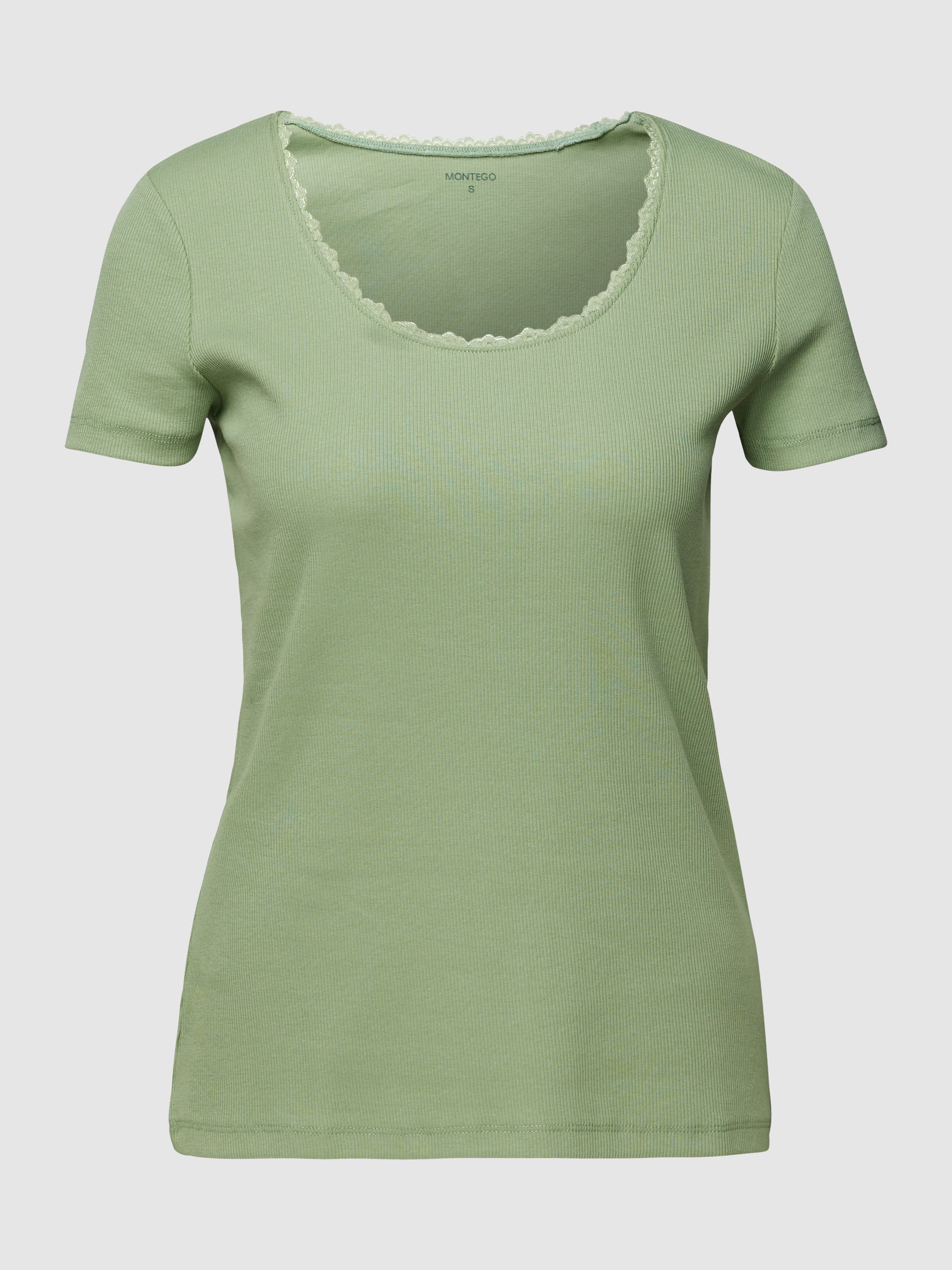 T-shirt van MONTEGO voor dames;Mix van katoen en elastaan;Nauwsluitend model;Model 'Lollo Lace';Effen design;Riblook;Ronde hals;Ruches;Ruglengte bij maat S: 58 cm Effen, T Shirts, Model, V Neck, Lace, Mens Tops, Women's Top, Design, Products