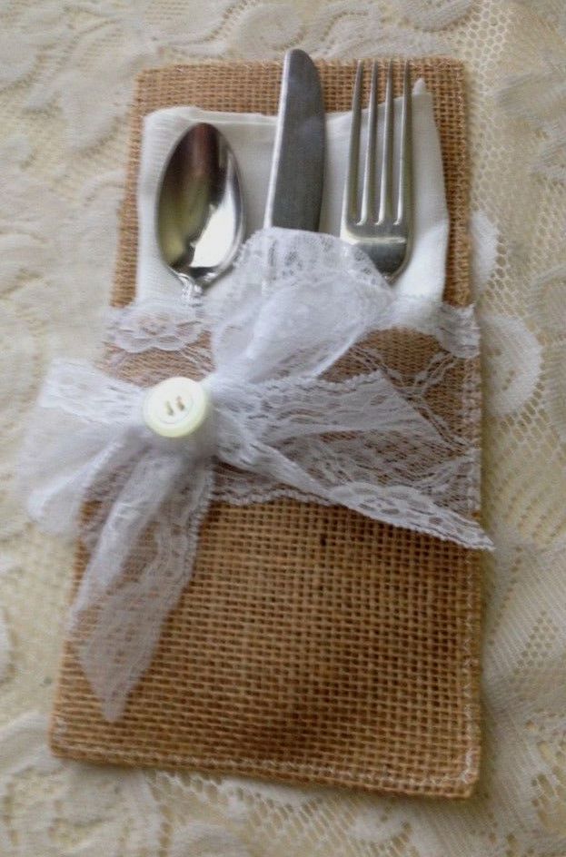Set Of 100 Natural Burlap Lace Rustic Handmade Wedding Silverware Set Of 100 Natural Burlap Lace Rustic Handmade Wedding Silverware Napkin Holder