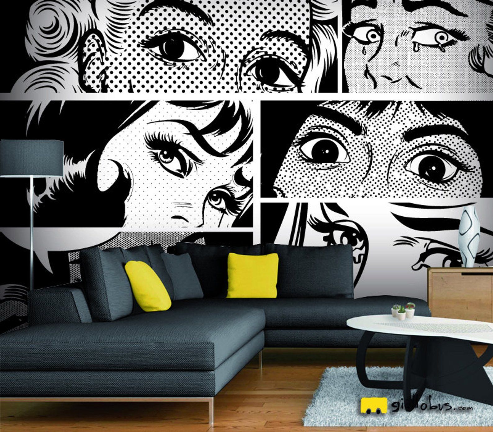 Téléchargement gratuit Images Self Adhesive Wallpaper Pop Art Black And White Eyes Yellow Bus En le plus cool salutations