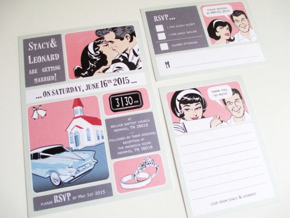 Retro Wedding Comic Book Style No 2 Invitation Suite Printable Set Retro Wedding Comic Book Style No 2 Invitation Suite Printable Set Digital Templates