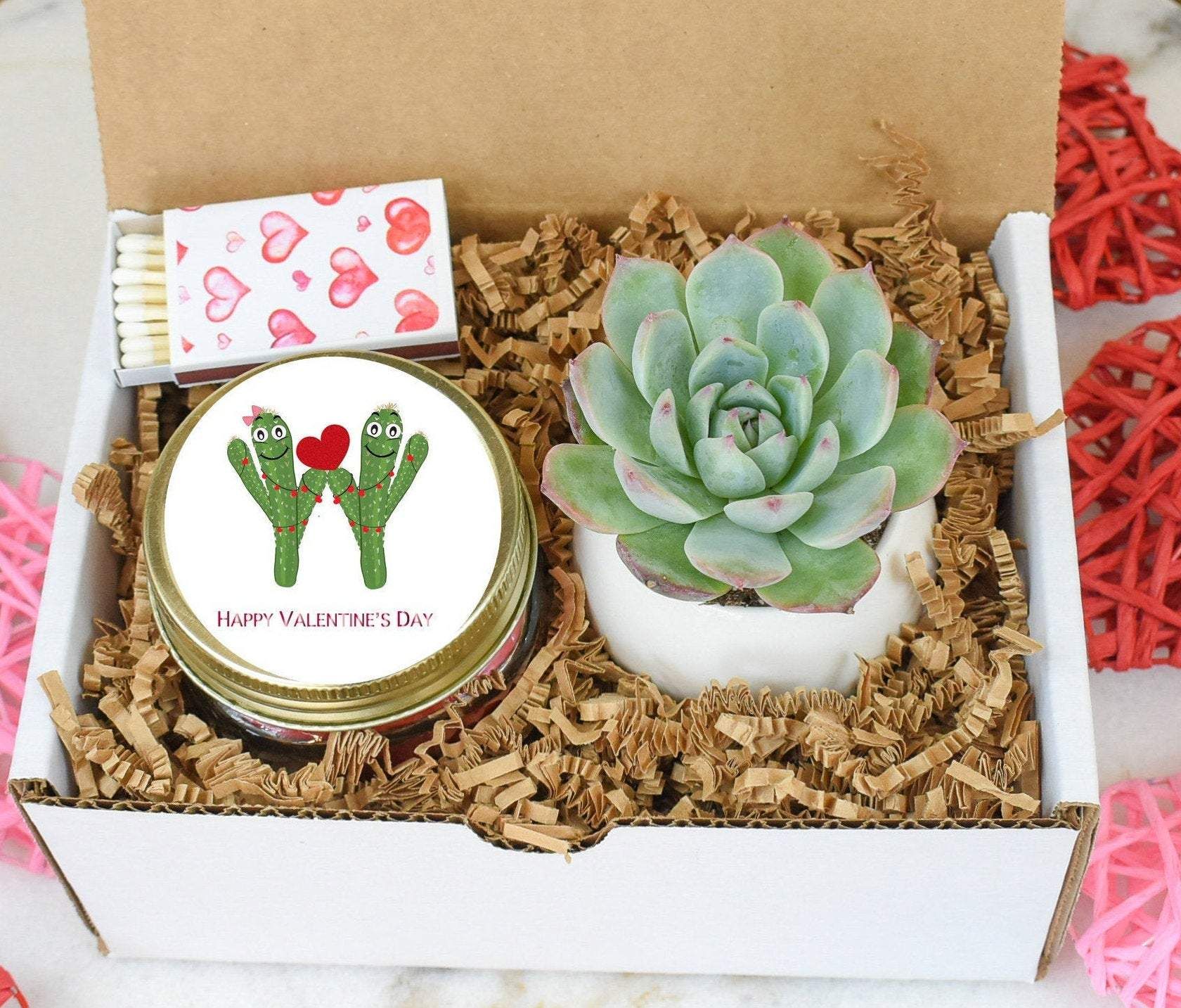 Valentine's Day succulent Box - Valentine's Day Gift - Gift for Wife - Valentine Care Package - Gift for Girlfriend - Live succulent (XBV1) - Apple Harvest / LipB+Soap
