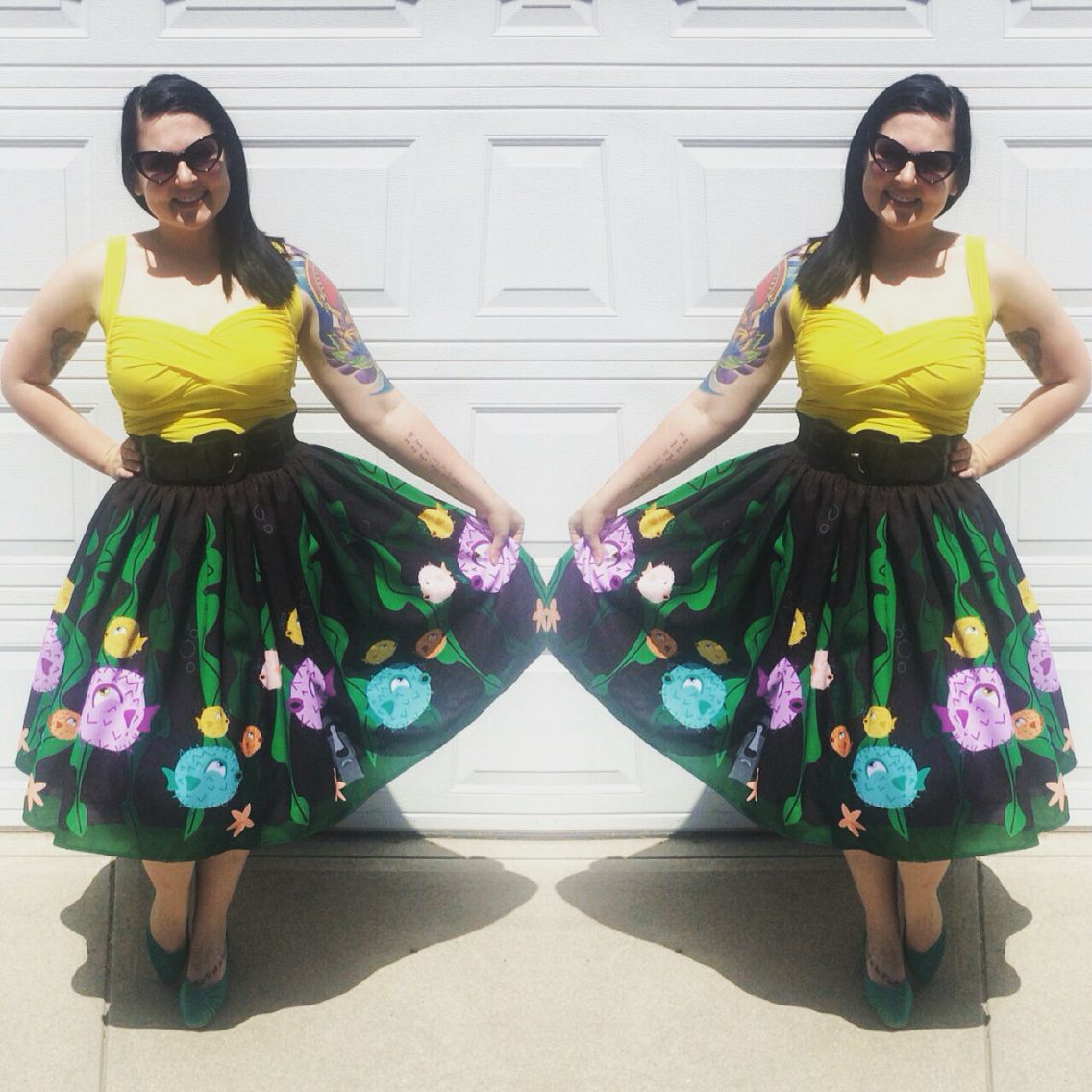 Pufferfish skirt and yellow pinup top both from The Oblong Box Shop. Shoes are B.A.I.T