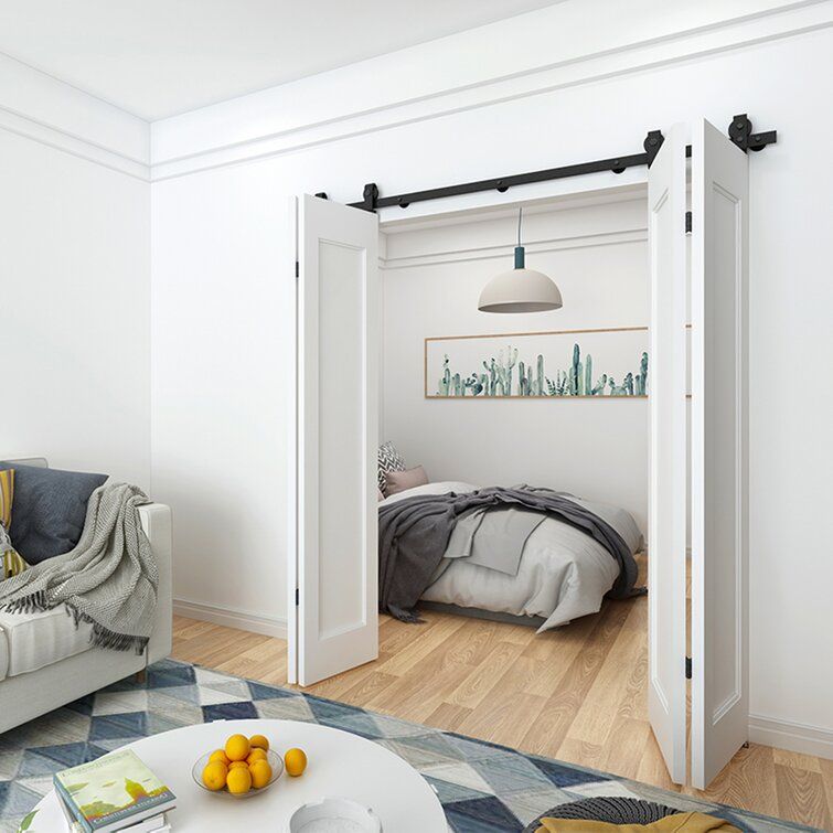 Quiet Glide Standard Single Track Barn Door Hardware Kit & Reviews | Wayfair Closet Door Track, Sliding Barn Door Track, Bifold Closet Doors, Barn Door Closet, Double Barn Doors, Bifold Door Ideas, Folding Sliding Doors, Accordion Doors Closet, Double Closet Doors