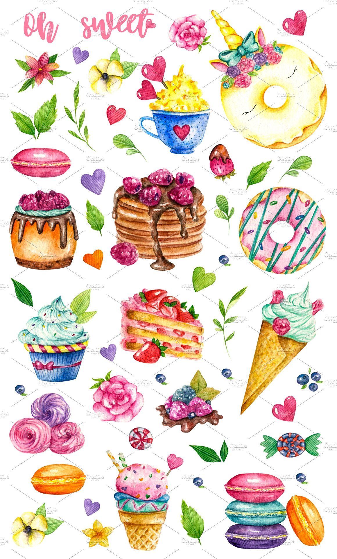 Sweets Desserts Watercolor Clipart Watercolor Clipart Watercolor Illustration Postcard Printing