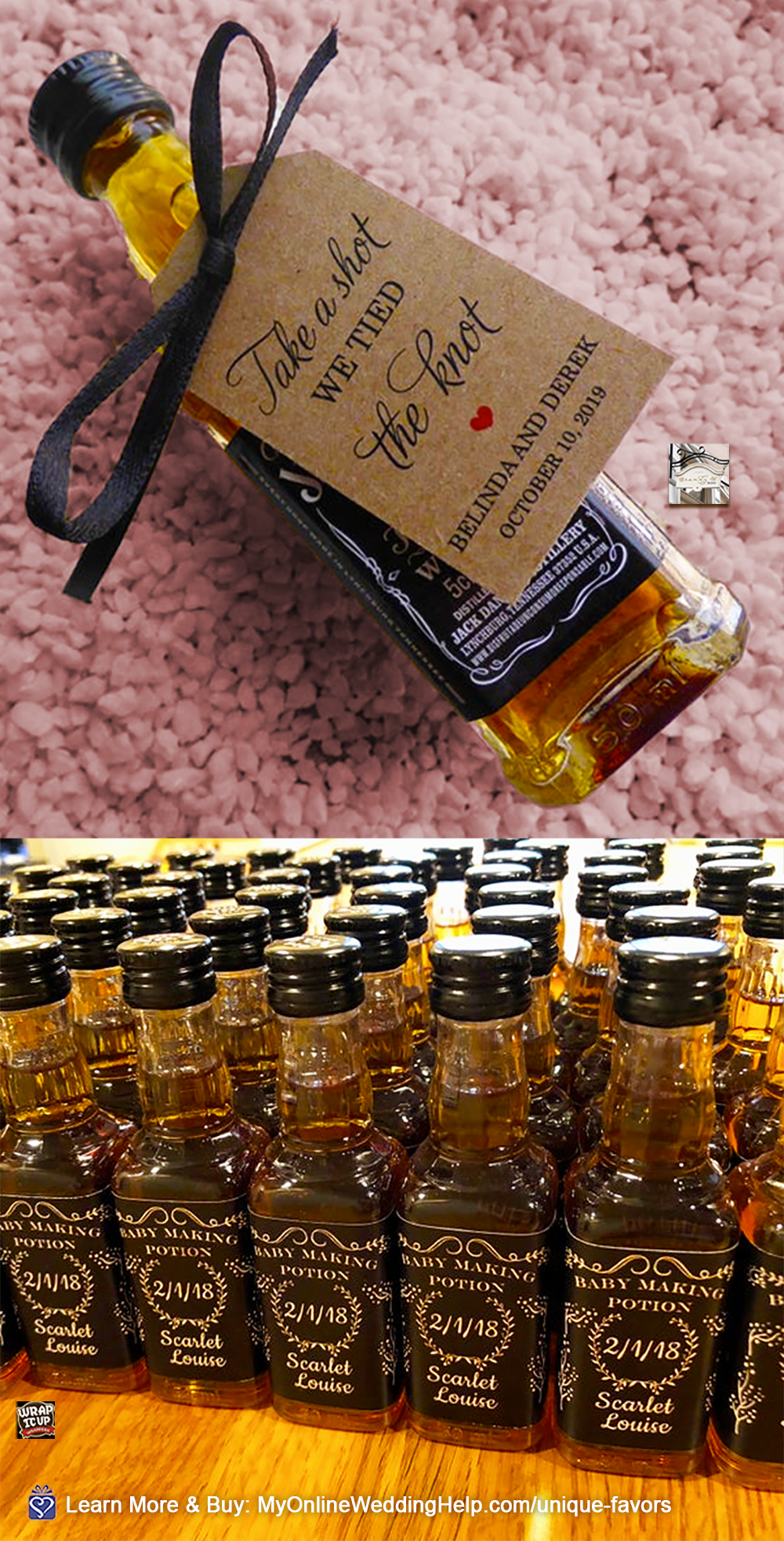 Miniature bottle wedding favors are the perfect choice for wedding guests who like to drink. You can order these custom mini alcohol bottle labels and favor tags to make your own custom varieties. Look for more information and buy links in the Edible Favors section of non-traditional wedding favors post on MyOnlineWeddingHelp.com Alcohol Wedding Favors, Wedding Bottles, Wedding Gifts For Guests, Wedding Drink, Unique Wedding Favors, Wedding Guest Gifts Party Favors, Wedding Favours Alcohol Miniatures, Wedding Favora, Wine Bottle Wedding Gift