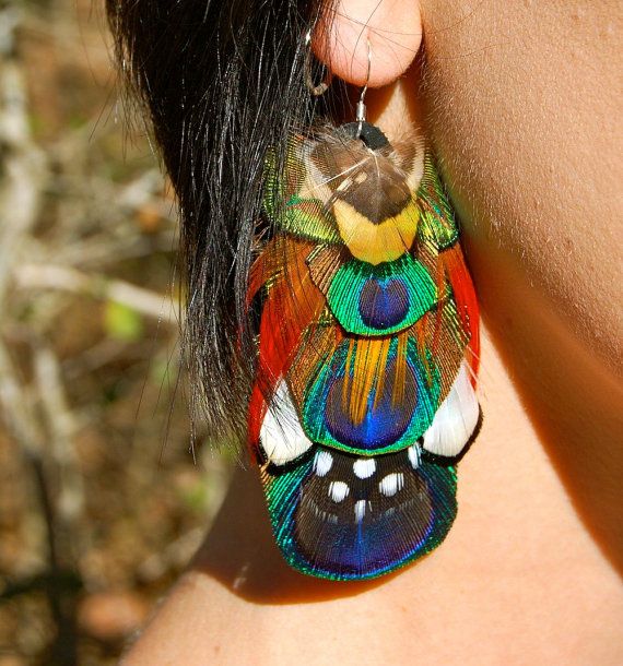PEACOCK TRANCE Feather Earrings by FeatherPixie on Etsy, $29.00 Peacock Feather Earrings, Feather Jewelry, Peacock Feathers, Peacock Jewelry, Peacock Colors, Feather Accessory, African Earrings, Pixie, Insect Art