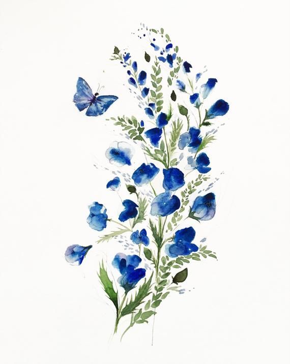 Blume Schmetterling Kunst, Aquarell Blumen, Blumen-Giclée-Druck, blau und weiß, Blumen Kunst, Malerei Schmetterling, Blumen Kunst