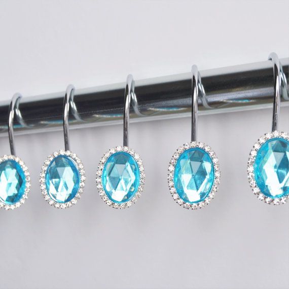 Shower Curtain Hooks Rings Oval Turquoise Blue Decorative
