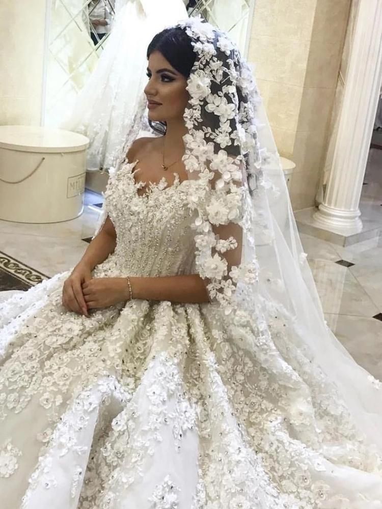 onlybridals Sweetheart Fluffy Lace Appliques Beading Crystal Luxury Wedding Dresses Muslim Bridal Gown Custom Made