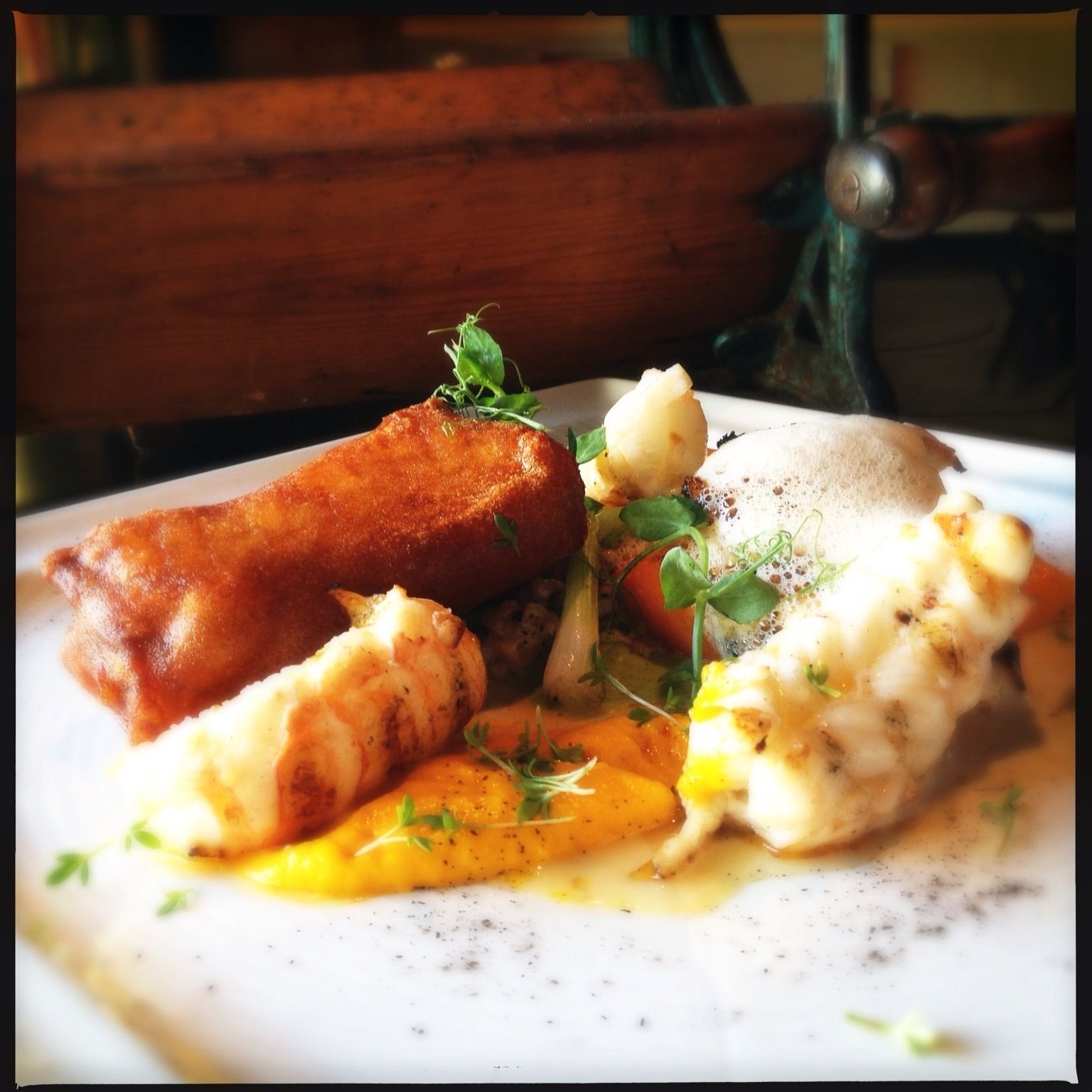 Spotted wolffish and lobster tails with carrot purée Spotted wolffish and lobster tails with carrot purée