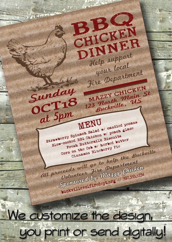 bbq chicken dinner menu fundraiser flyer 5x7 invite 8 5x11 cookout fundraiser flyers