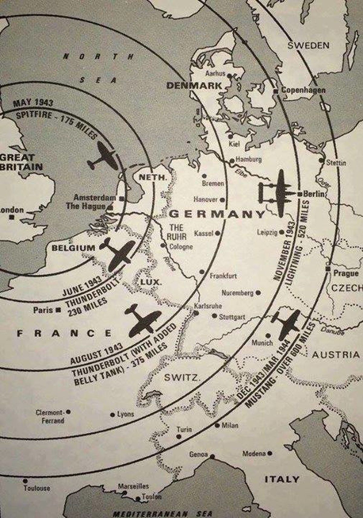WWII Map Of Western Europe Showing Ranges Of Allied Fighters From Bases WWII Map Of Western Europe Showing Ranges Of Allied Fighters From Bases