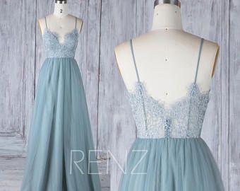 Bridesmaid Dress Dusty Blue Tulle Dress Wedding Dress Illusion V Neck Maxi Dress Open Back Lace Party Dress Sleeveless Evening Dress(LS390)