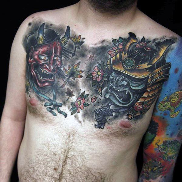 Japanese Samurai With Hannya Mask Oni Mask Full Chest Tattoos Chest Piece