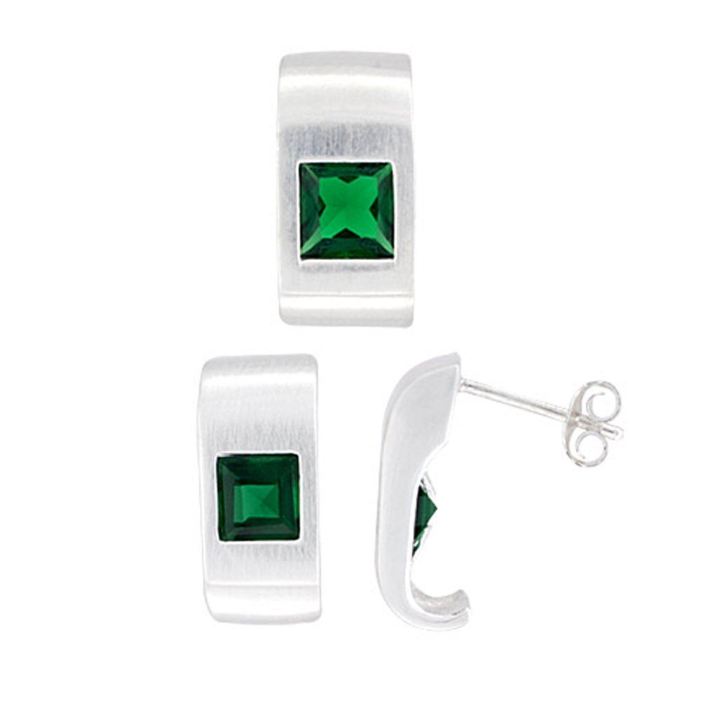 Sterling Silver Princess Cut CZ Geometric Design Rectangular Stud Earrings & Pendant Set Assorted colors Brushed Sterling Silver Princess Cut CZ Geometric Design Rectangular Stud Earrings & Pendant Set Assorted colors Brushed