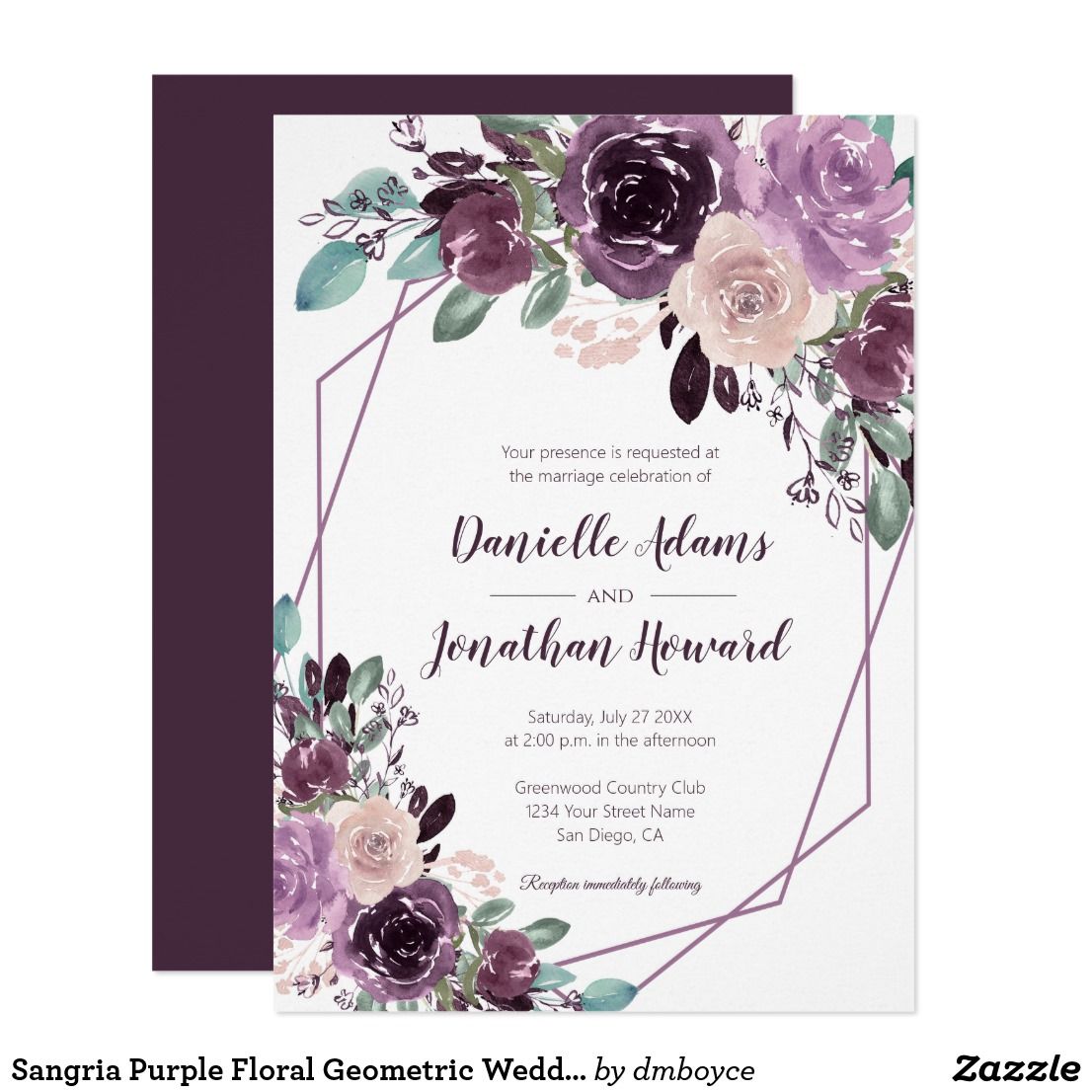 Printable purple calla lily Wedding Invitation with gold geometric frame \u2022 Floral Calla lilies Invites with greenery \u2022 Marble invitations