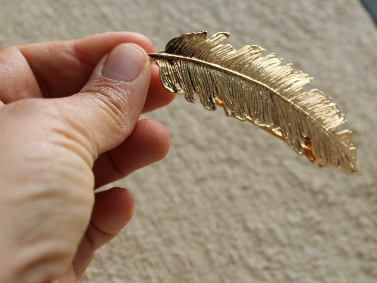 Hair clip gold feather ,Feather French Barrette, hair jewelry, Hair Accessories, Hair Clips,Big Barrettes, hair jewelry gold,barette femme