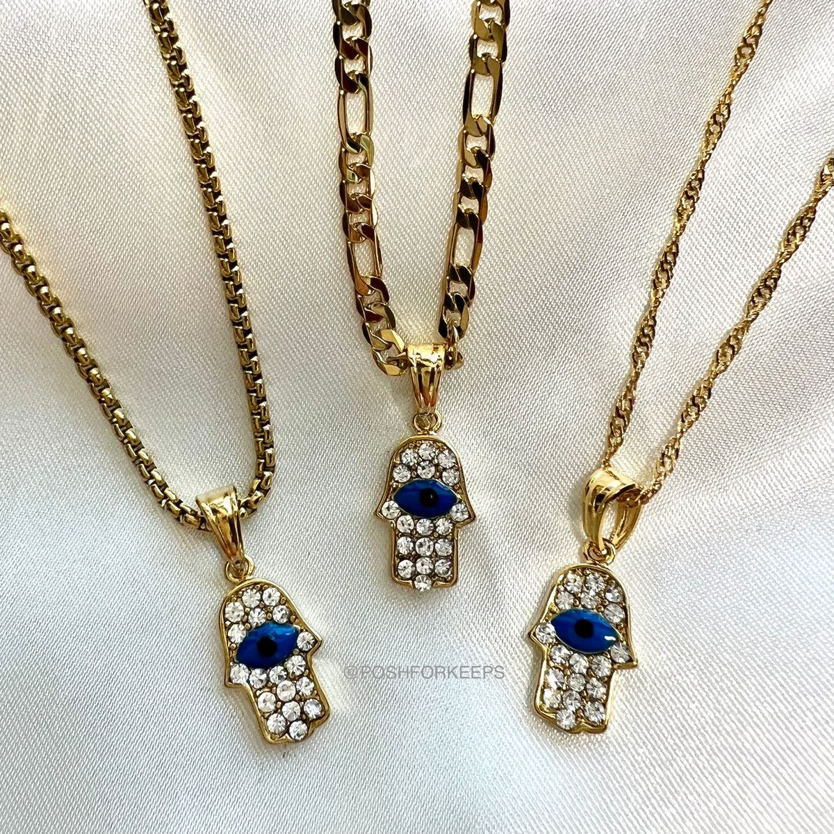 18K GOLD CRYSTAL HASMA NECKLACE – PoshForKeeps Butterfly Shape, Ancient Symbols, Cz Stone, Hamsa, Anklets, Flower Designs, Cubic Zirconia, 18k Gold, Water Resistant