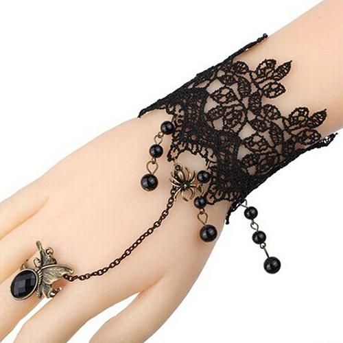 Womens Black Lace Bracelet Chain Finger Ring Lolita Gift Gothic Beads Bangle