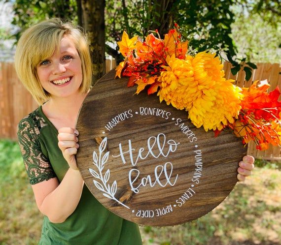 Door Decoration, Hello Fall, Door Hanger, Front Door Decor, Door Wreath, Housewarming Gift, Home Decor, Wood Round Sign #hellofall