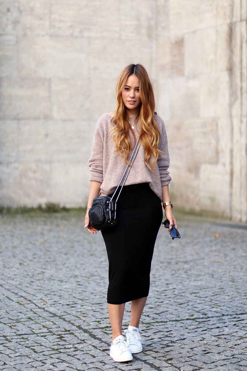 Women's Pink Oversized Sweater, Black Midi Skirt, Women's Pink Oversized Sweater, Black Midi Skirt,