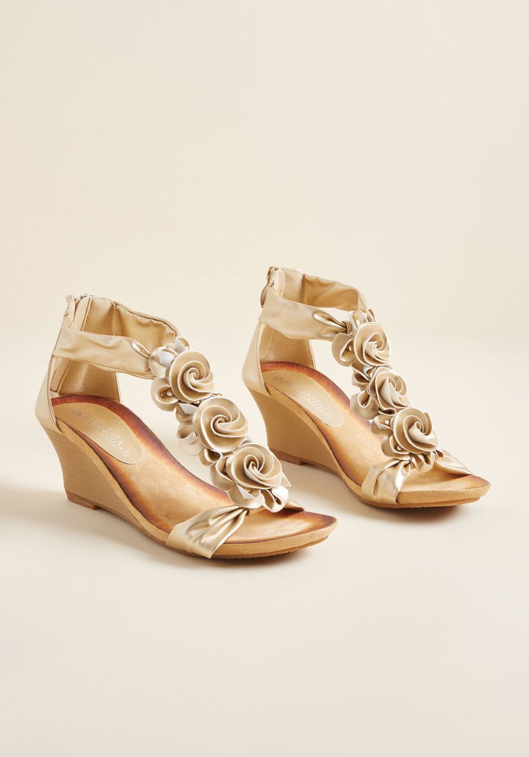 Rosette for the Day Wedge in Gold Gold | Heels, Prom heels, Prom shoes