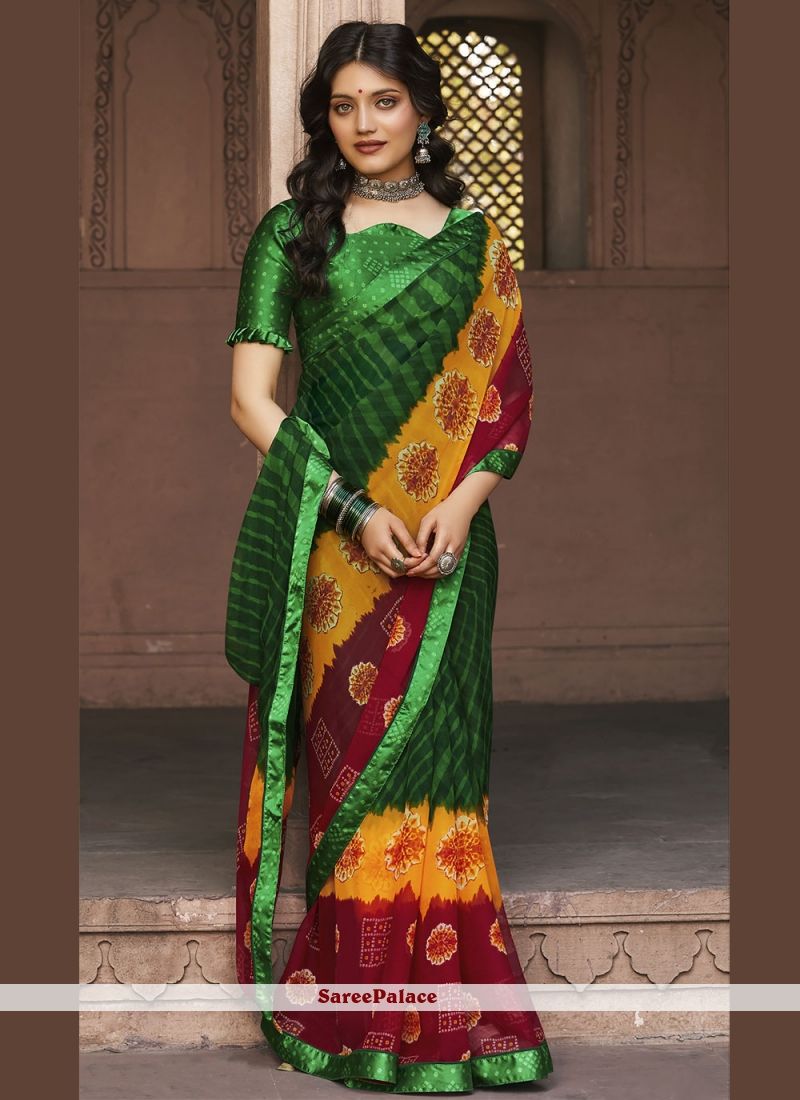 Faux Georgette Multi Colour Abstract Print Saree Georgette Fabric, Georgette Sarees, Ready To Wear Saree, Ethnic Looks, Casual Saree, Green Saree, Looks Chic, Bollywood Saree, Saree Styles
