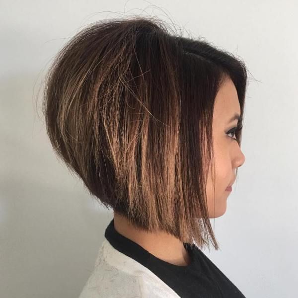 Brown Stacked Bob With Caramel Balayage Angled Bob Hairstyles, Inverted Bob Hairstyles, Stacked Bob Hairstyles, Stacked Bob Haircut, Hairstyles For Thin Hair, Medium Hairstyles, Wedding Hairstyles, Braided Hairstyles, Celebrity Hairstyles