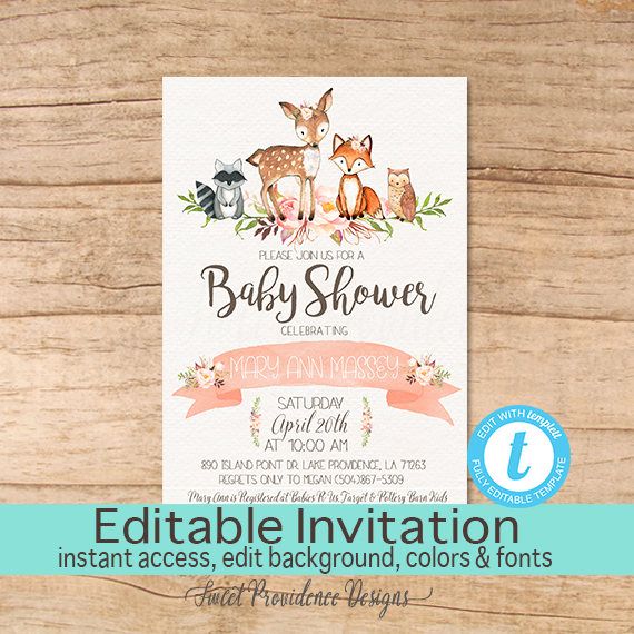 Bear Fox Owl Forest Friends Printable Baby Shower Invitation Editable PDF