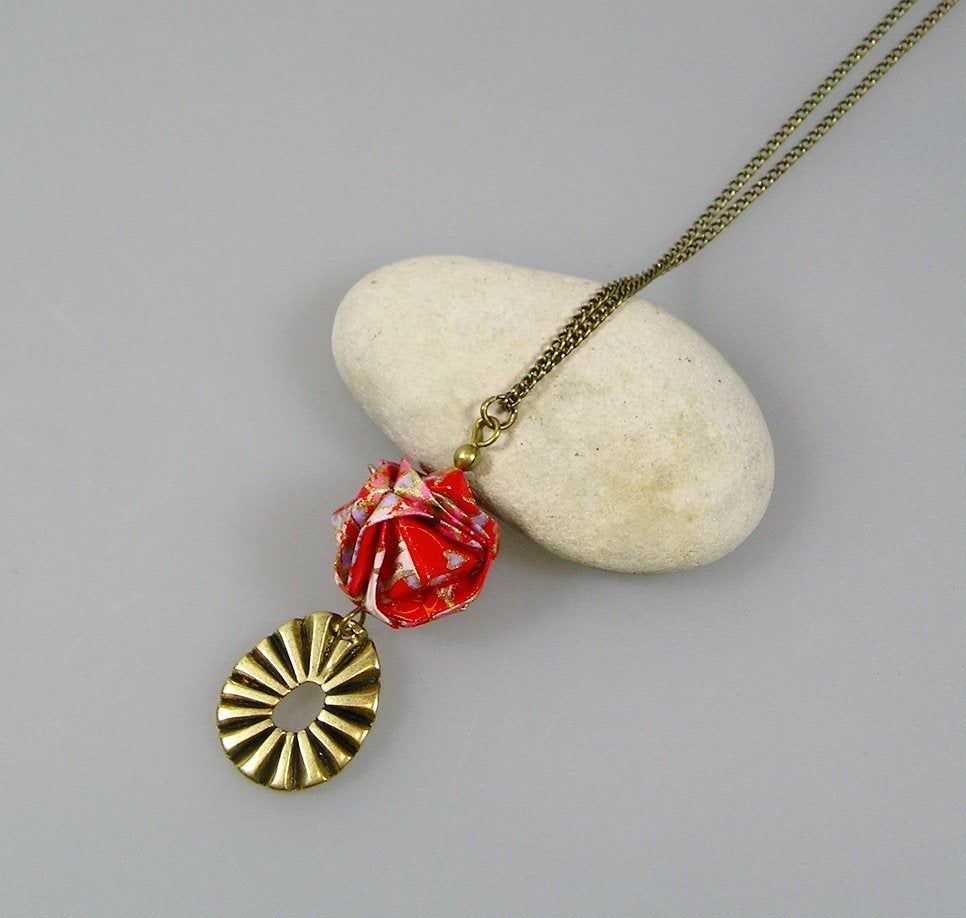 Collier origami papier japonais rouge, boule