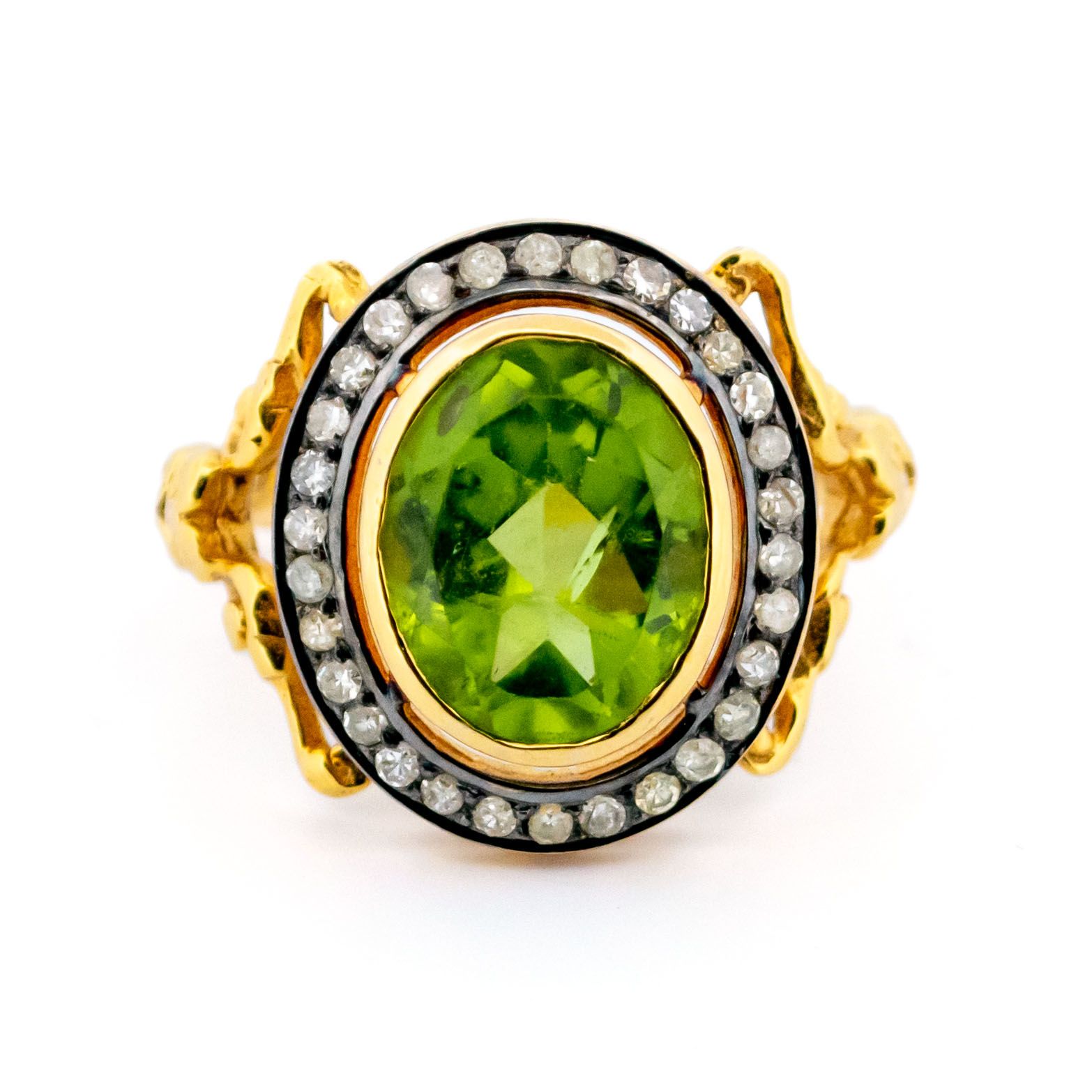 This fine quality cluster vintage Victorian design ring features oval-shaped ±4.35ct Peridot surrounded by a halo of ±0.30ct Diamonds crafted in 14ct and Silver. Aesthetic Era, Noble Metal, Romantic Period, Mourning Jewelry, Nature Inspired Design, Victorian Design, Arts And Crafts Movement, Gemstone Colors, Fine Quality