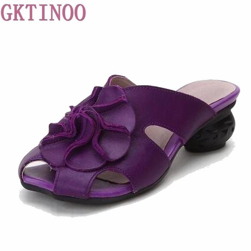Purple Floral Shoes for Ladies Genuine Leather Peep Toes Slippers House Feetwear