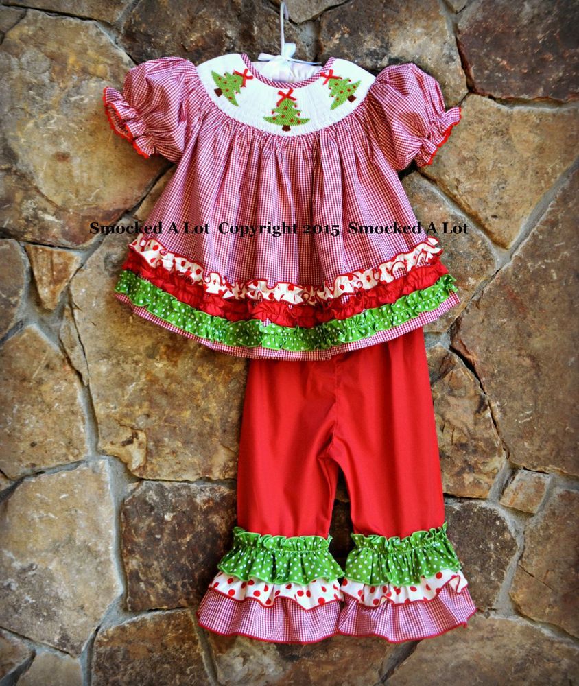 Smocked A Lot Christmas Monogrammed Green Red Gingham Ruffle Pants Set Dress