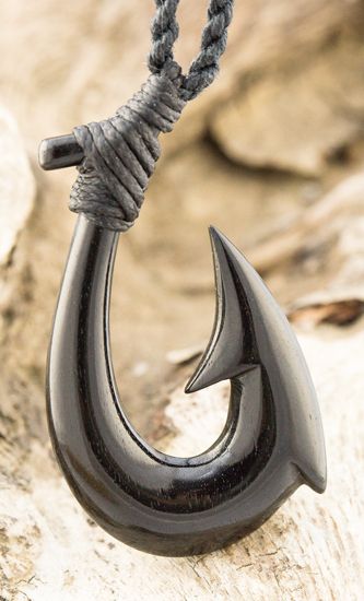 Dark Brown Carved Bone Hei Matau Stylized Maori Fish Hook on Braided Leather Cord Masculine Design Man/'s 19 inch Choker