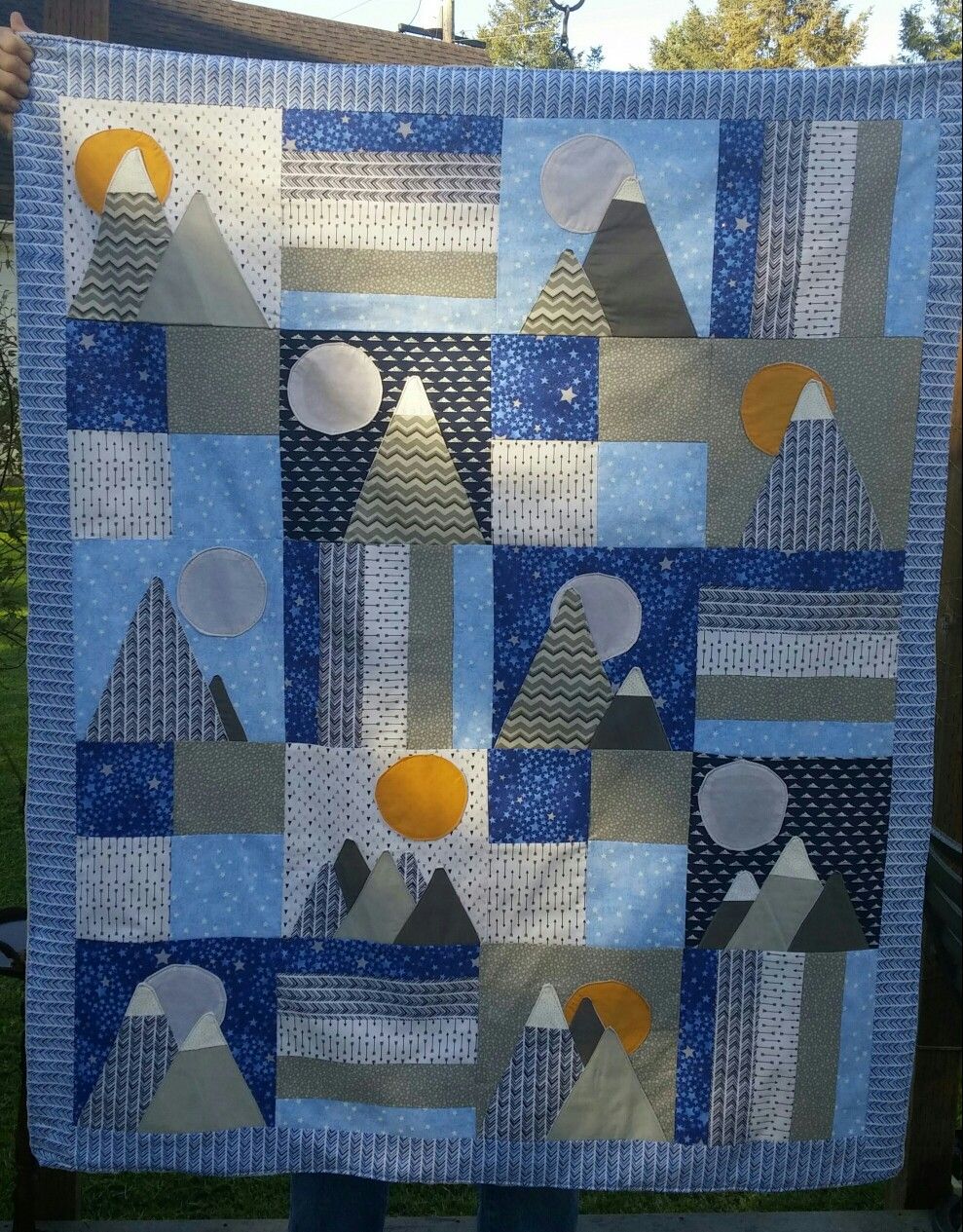 Mountain Themed Quilt I Created For A New Great Grandson April 2018 Grey And Blue Baby Boy Quilt By Kim Kirk Mountain Quilt Pattern Quilts Baby Quilts