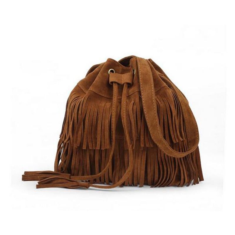 Vintage Lady Tassel Fringe Drawstring Bucket Shoulder Bag Messenger Handbag