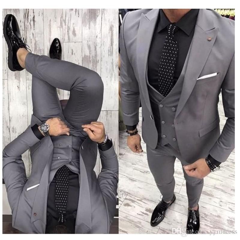 Gray Groom Tuxedos 2019 Groomsman Suit British Style Wedding Prom Suits For Men Bridegroom Suit(Jacket Pant Vest Tie) #men'ssuits
