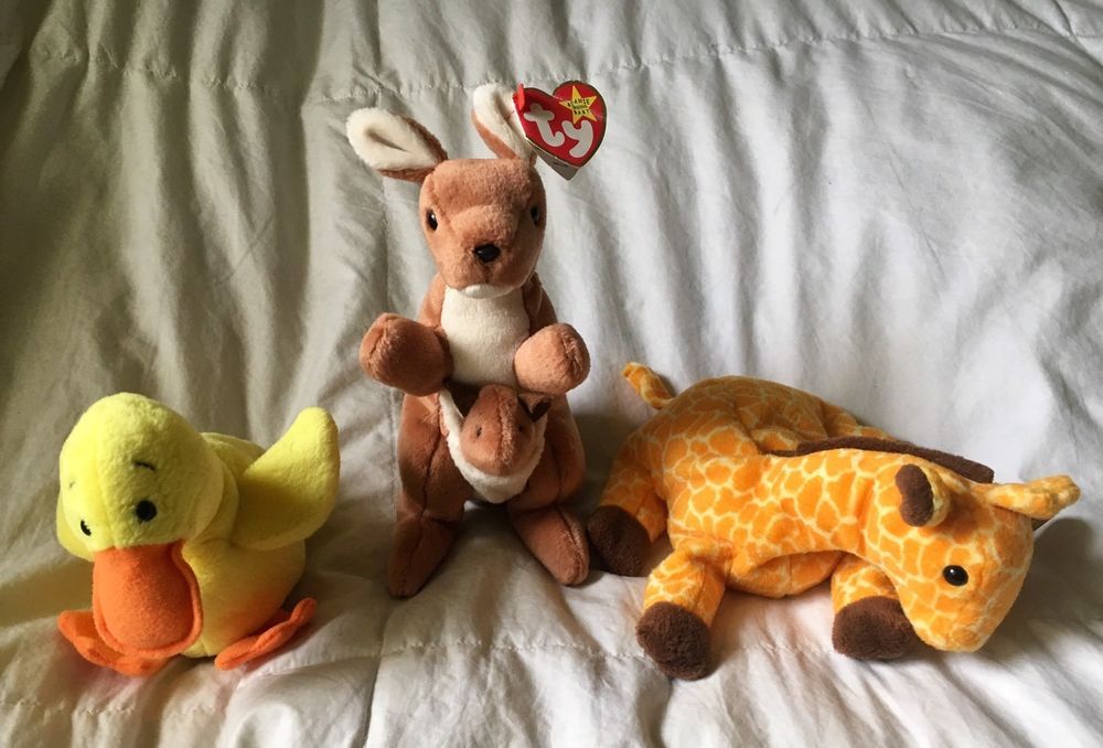 Ty Beanie Baby 1996 Pouch Kangaroo 1995 Twigs The Giraffe /& 1993 Quackers Duck for sale online