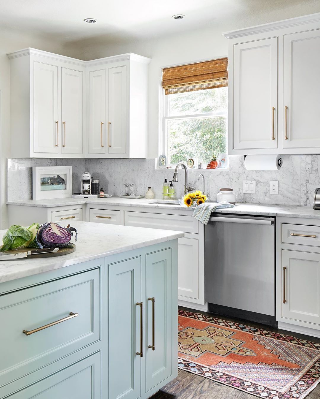 White Kitchen with Island Painted in Benjamin Moore "Heavenly Blue" Cost of kitchen